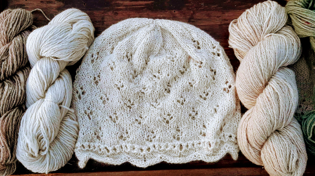 handknitted chemo hat in undyed cream cashmere